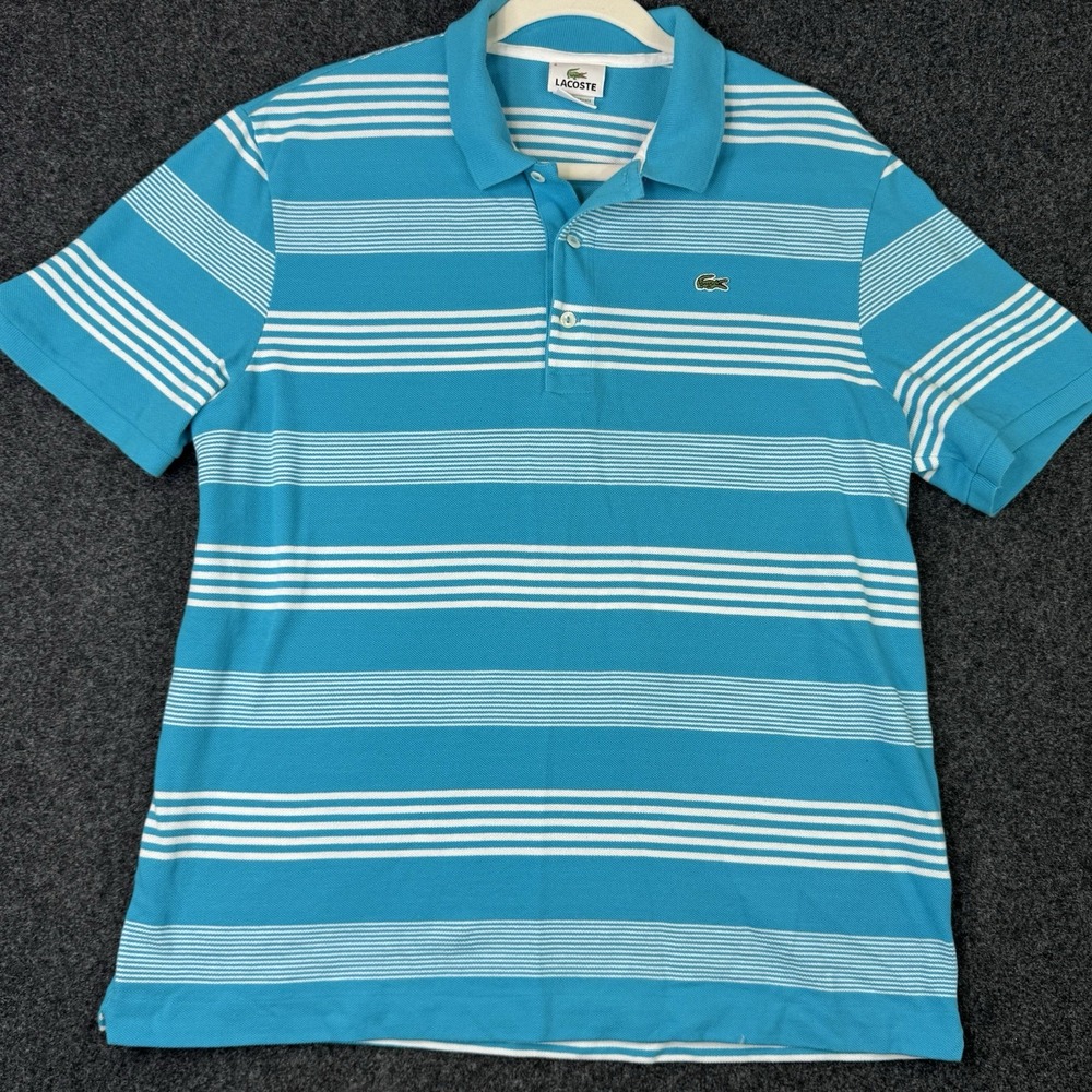 Lacoste Mens Size 6 Polo Shirt Teal White Stripe Cotton Crocodile Preppy Golf